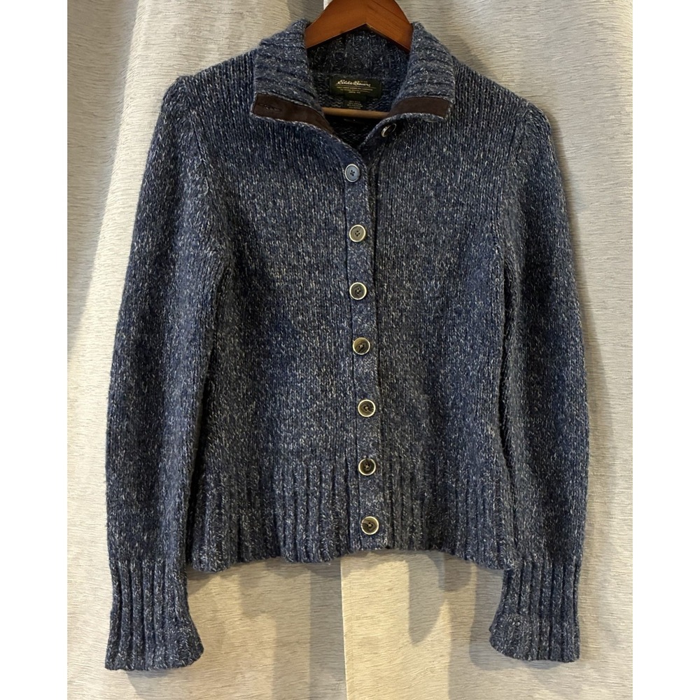 Eddie Bauer Womens Small Blue Wool Blend Cardigan Sweater Elbow Patches Gorpcore
